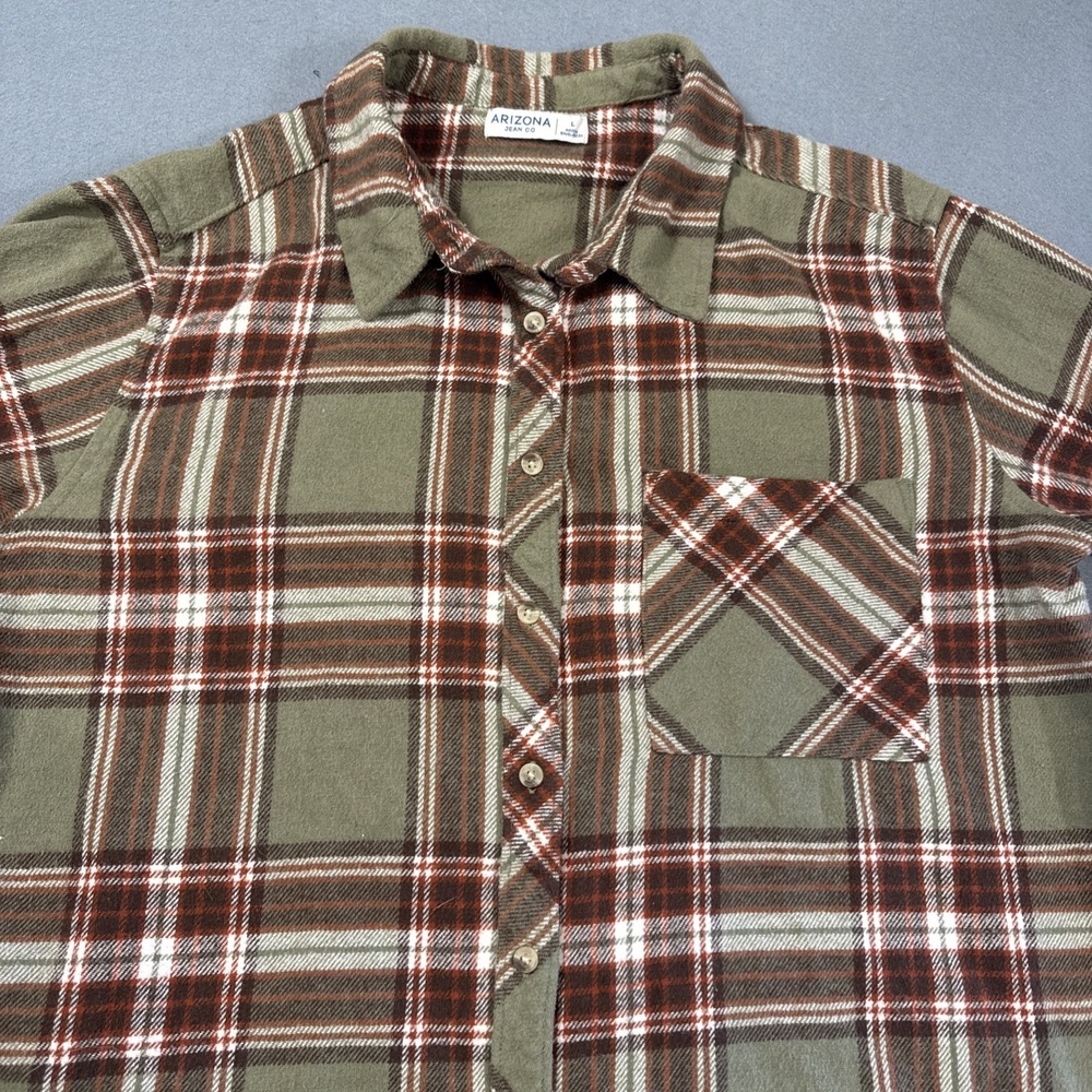 Arizona Jean Co Plaid Button Up Flannel Shirt Womens LRG TAN GRN  Cozy Comfy